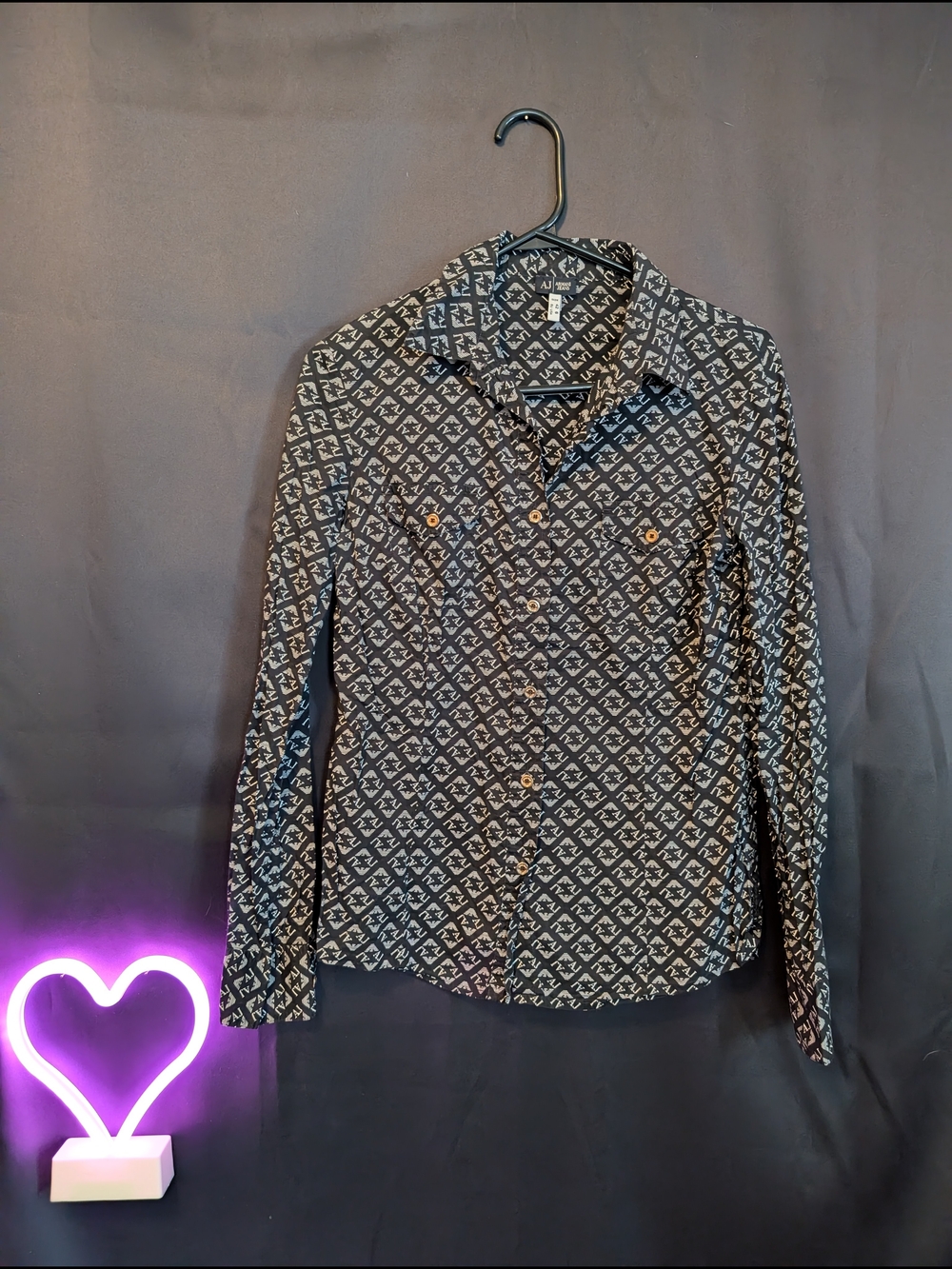 Armani Jeans Black & White Monogram Long-Sleeve Button Shirt Gold Hardware